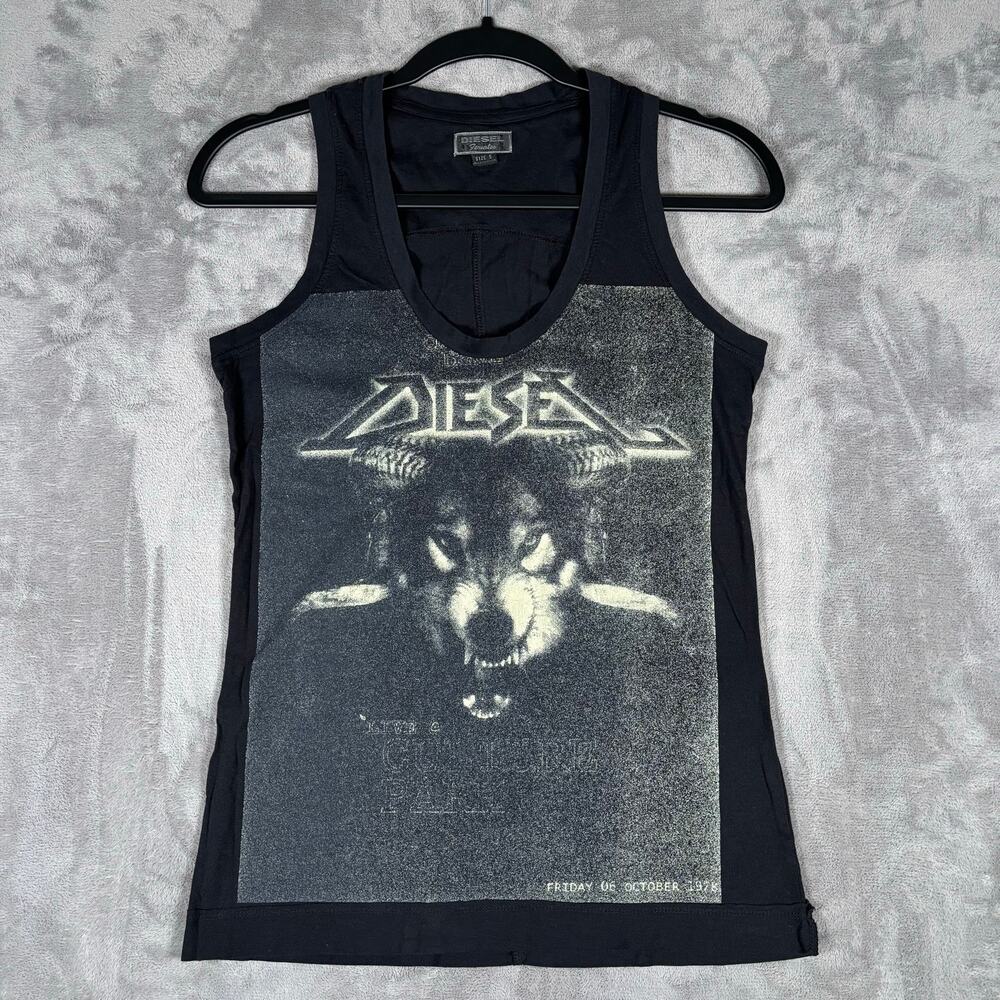 Vintage Diesel Women’s Tank Top Size S Horned Wolf Graphic Y2K Grunge Black